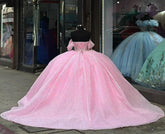 Off-Shoulder Ball Gown Sweetheart Neckline with Lace Appliques & Beaded Tiered Tulle for Quinceanera Sweet 16 and Formal Evenings